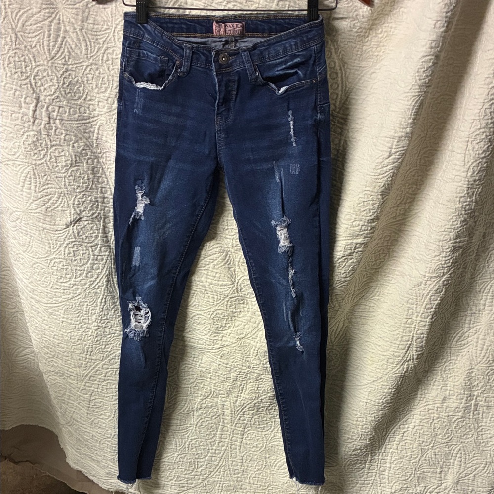 Wax Jean Women's Ripped Dark Blue Skinny Jeans